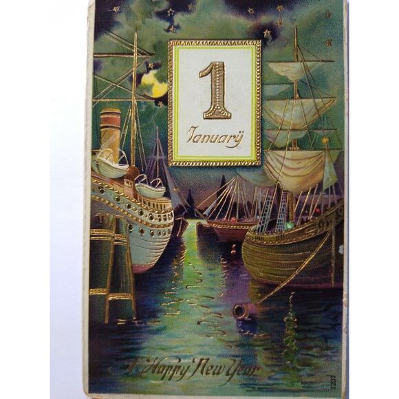 New Years Postcard Ships Boats Harbor Moon Stars 1237 Gel Germany Otto Schloss - Picture 4 of 5